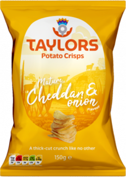 Mature Cheddar & Onion Potato Crisps 150g Tüte - Kartoffelchips mit reifem Cheddar- und Zwiebelgeschmack aus Schottland von Taylors Snacks